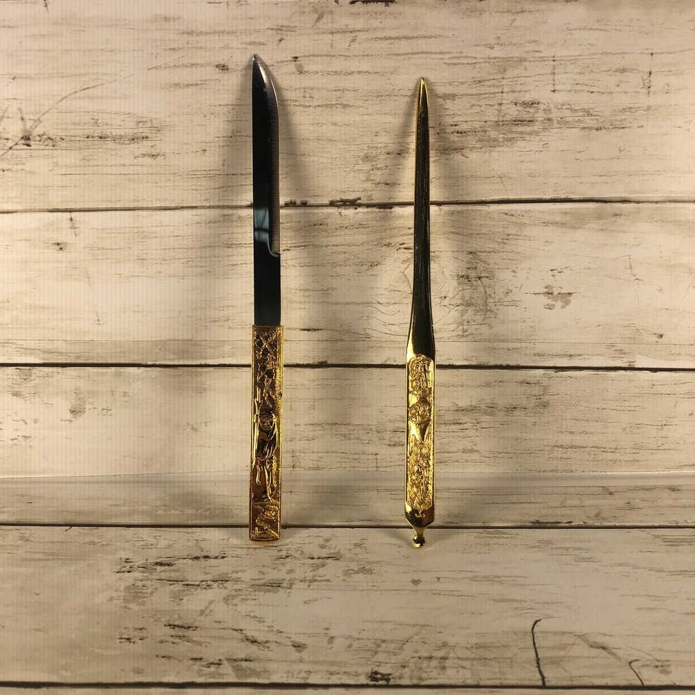 Vintage Gold Tone Letter Opener Set 2pc Ornate Embossed Desk Accessories 8‎ Inch